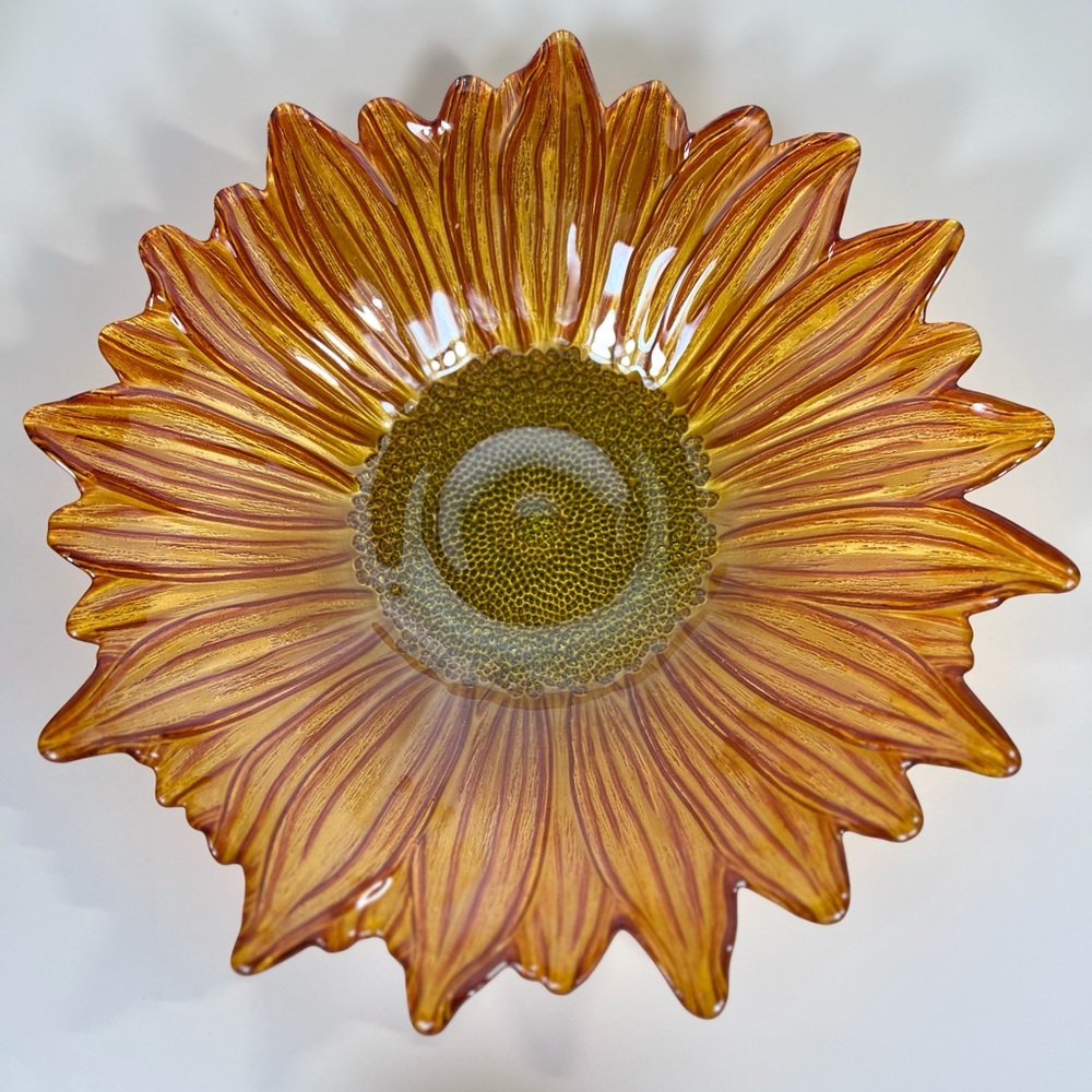 Large Art Glass Sunflower Platter Charger Amber Gold Floral Decor 13.5”